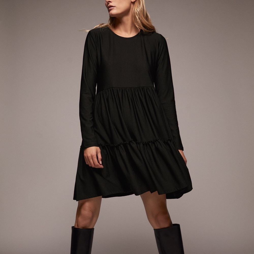 Zara Black Long Sleeve Ruffled Dress